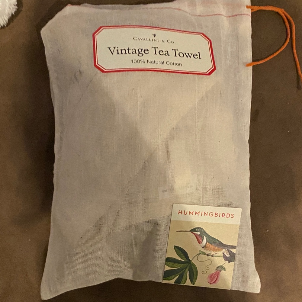 Botanical Hummingbird Linen Tea Towel with Colorful Bird Plate Print